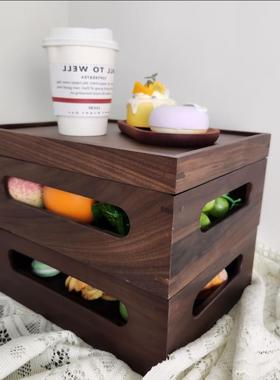 胡桃木新中式茶具桌面双层收纳盒茶盘置物架可叠加便携茶杯储物柜