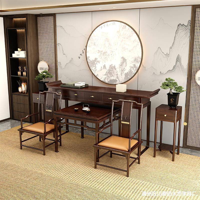 新中式实木中堂农村六件套乌金木条案供桌贡桌黑檀木八仙桌家具