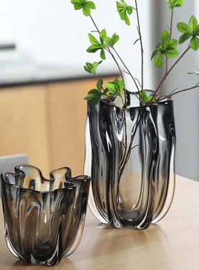现代轻奢灰色花瓣口琉璃花瓶餐桌电视柜家居客厅玄关装饰插花摆件