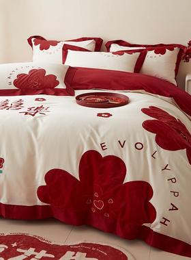 中式新婚庆四件套红色陪嫁备婚被套纯棉结婚床上用品婚房喜被