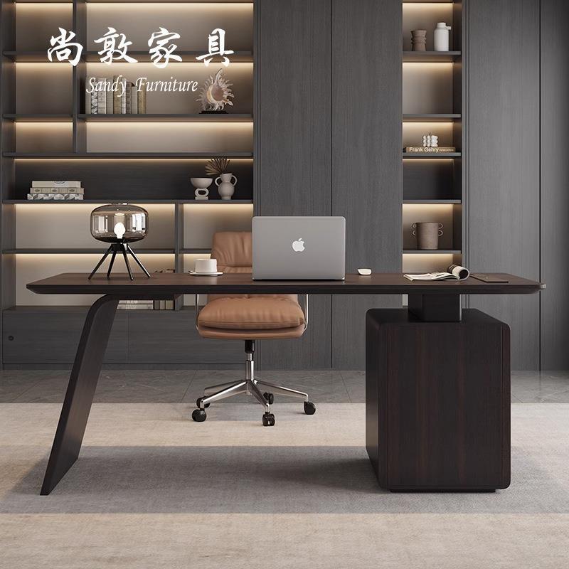 意式极简书桌轻奢复古风烟熏色实木带柜子电脑桌办公桌书桌椅组合