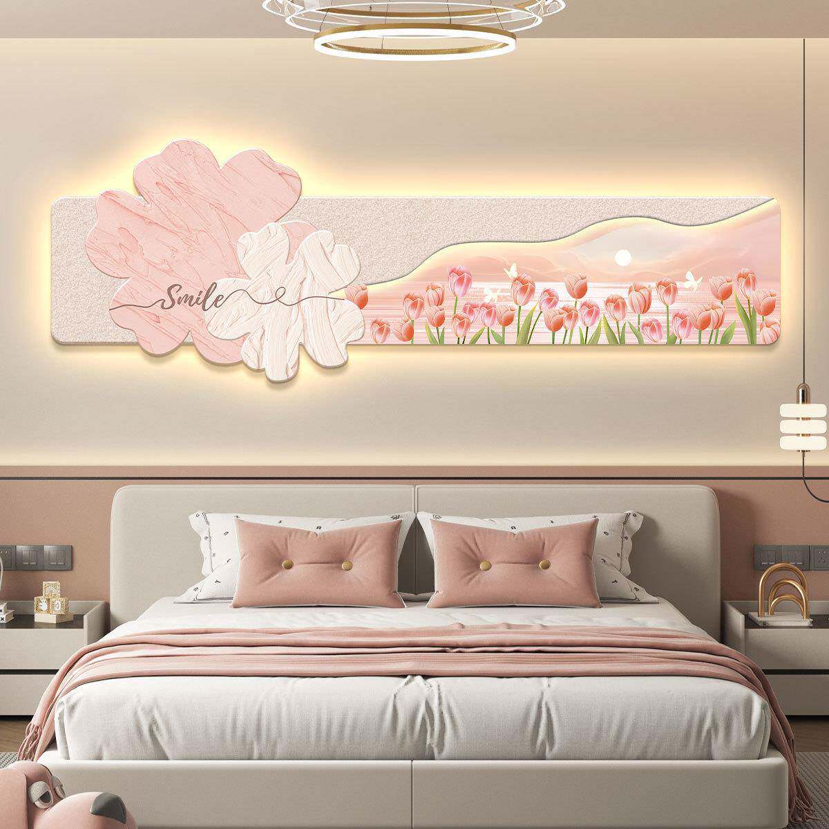奶油风led带灯轻奢卧室床头装饰画主卧房间挂画壁画简约花卉清新