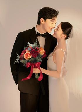 红色玫瑰手捧花新娘结婚高档森系婚礼仿真花拍照道具领证捧花影楼