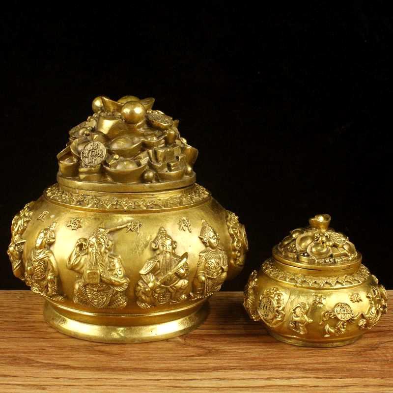 铜带盖聚宝盆摆件开盖五路财神聚宝盆家居饰品工艺品