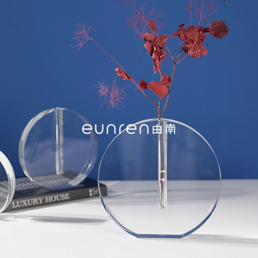 现代简约圆形玻璃干花花器摆件样板房间客厅插花瓶艺术软装饰品