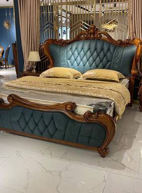 欧式双人原木大床别墅豪华主卧室新婚奢华实木真皮高端乌金木雕刻