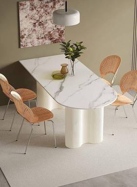 法式奶油风岩板餐桌家用轻奢现代简约小户型餐桌椅组合靠墙饭桌子