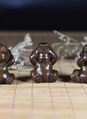 手工仿古实心紫铜日式茶宠小物件 不听不看不说三不猴茶道小摆件