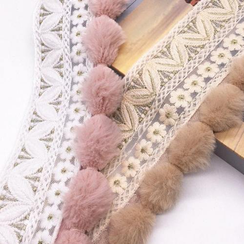 针织提花花纹织带白色绒毛球拼接花边法式刺绣窗帘装饰花边毛毛球