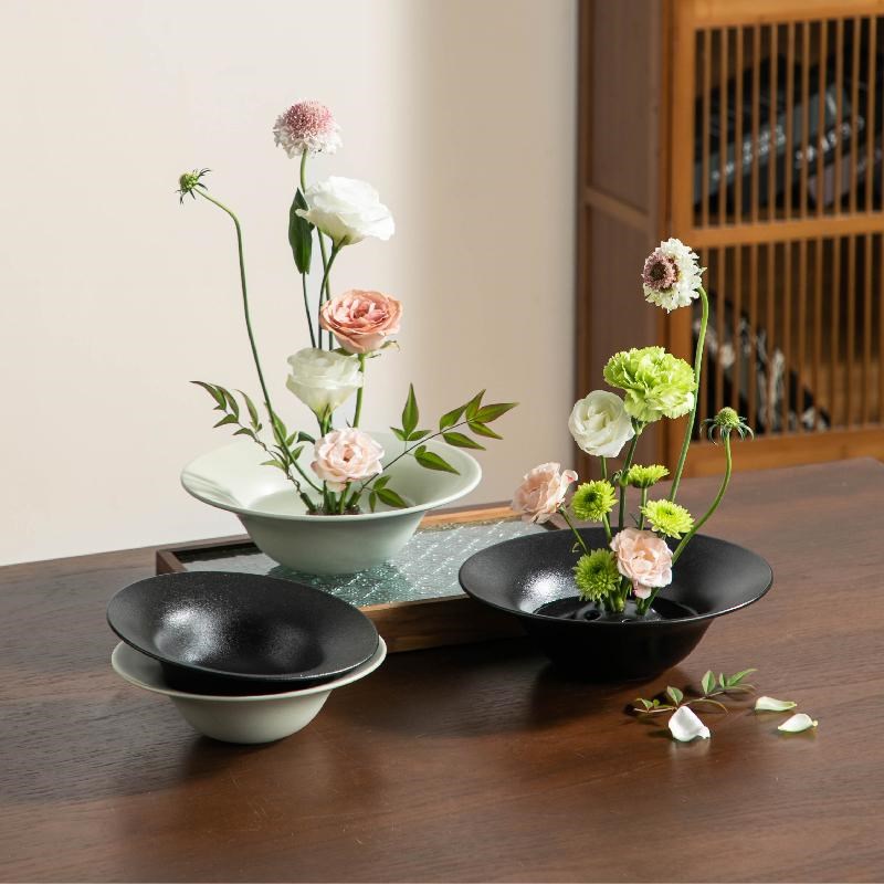 日式剑山插花器花盆中式陶瓷高足D盘茶点盘果盘器皿家居装饰摆件