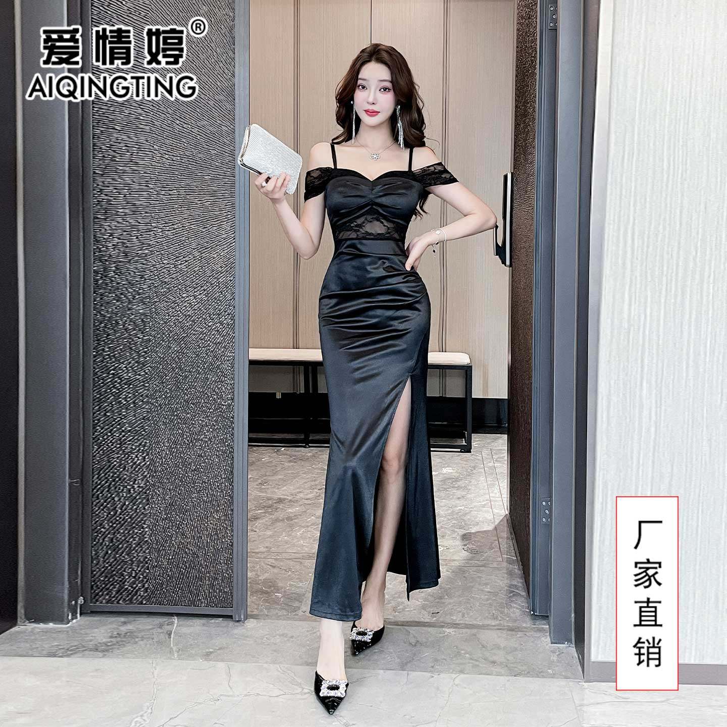 2026新款柔式工作服一字肩性感开叉吊带连衣裙低胸露肩包臀裙工装