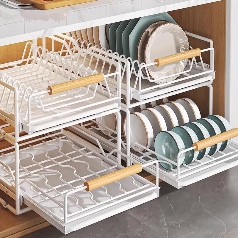 橱柜窄置物架沥水款抽拉陶瓷碗z碟免安装厨房拉篮抽屉式收纳架碗
