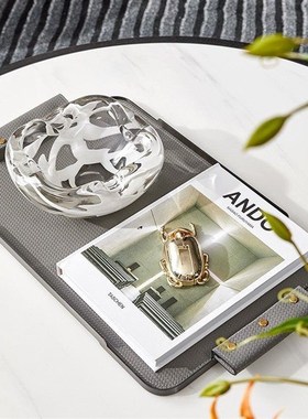 现代轻奢风长方形皮质托 托盘w摆件样板房酒店书房玄关茶收纳盘摆