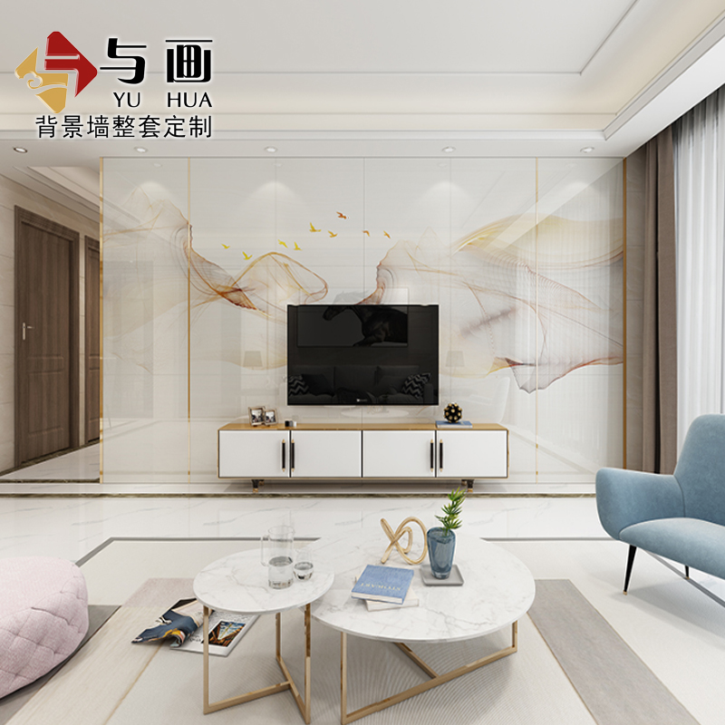 电视背景墙瓷砖简约现代客厅新款3d微晶石轻N奢金属边框造型影视