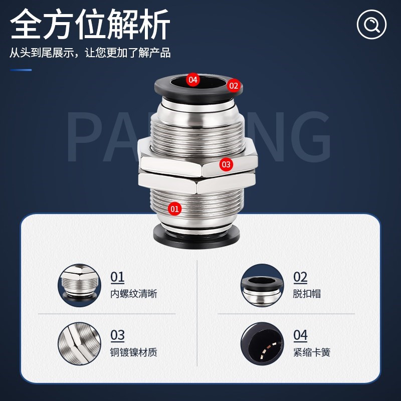 PM隔板直通气动气缸气管快速快插接头黑PM-4/6/8/10/V12穿板10祇