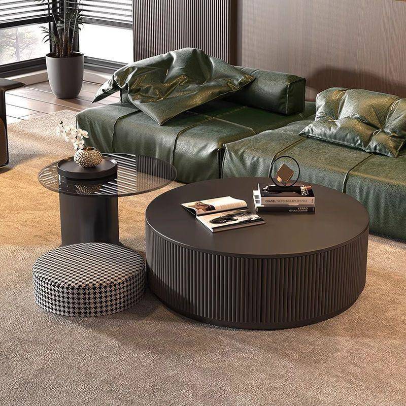 圆形岩板茶几组合黑色茶几现代客厅家用小户型新款茶几意式轻奢