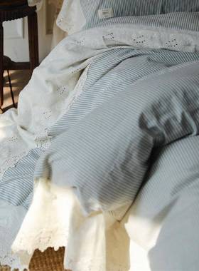 法式花边清新条纹蓝色系亲肤棉麻四件套柔软被套四季1.8m床上用品