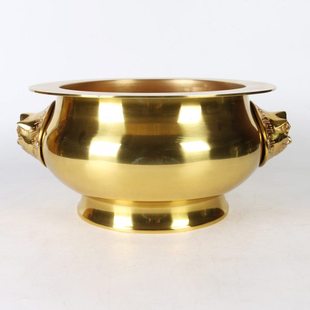 纯铜铜香炉 双狮头炉 光身 供佛香插立香炉 大狮头铜鼎 佛具铜炉