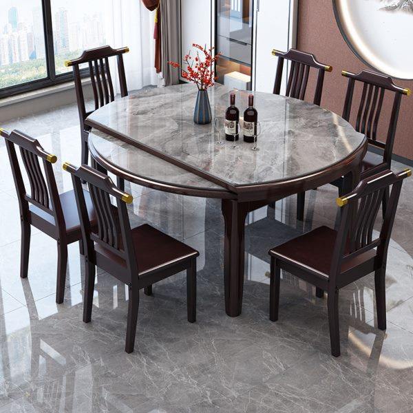 新中式岩板餐桌椅组合实木餐桌家用大小户型饭桌可伸缩折叠变圆桌