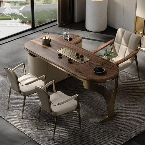 塞瓦那莉家用阳台茶桌黑胡桃木实木别墅茶室办公室大理石功夫茶台