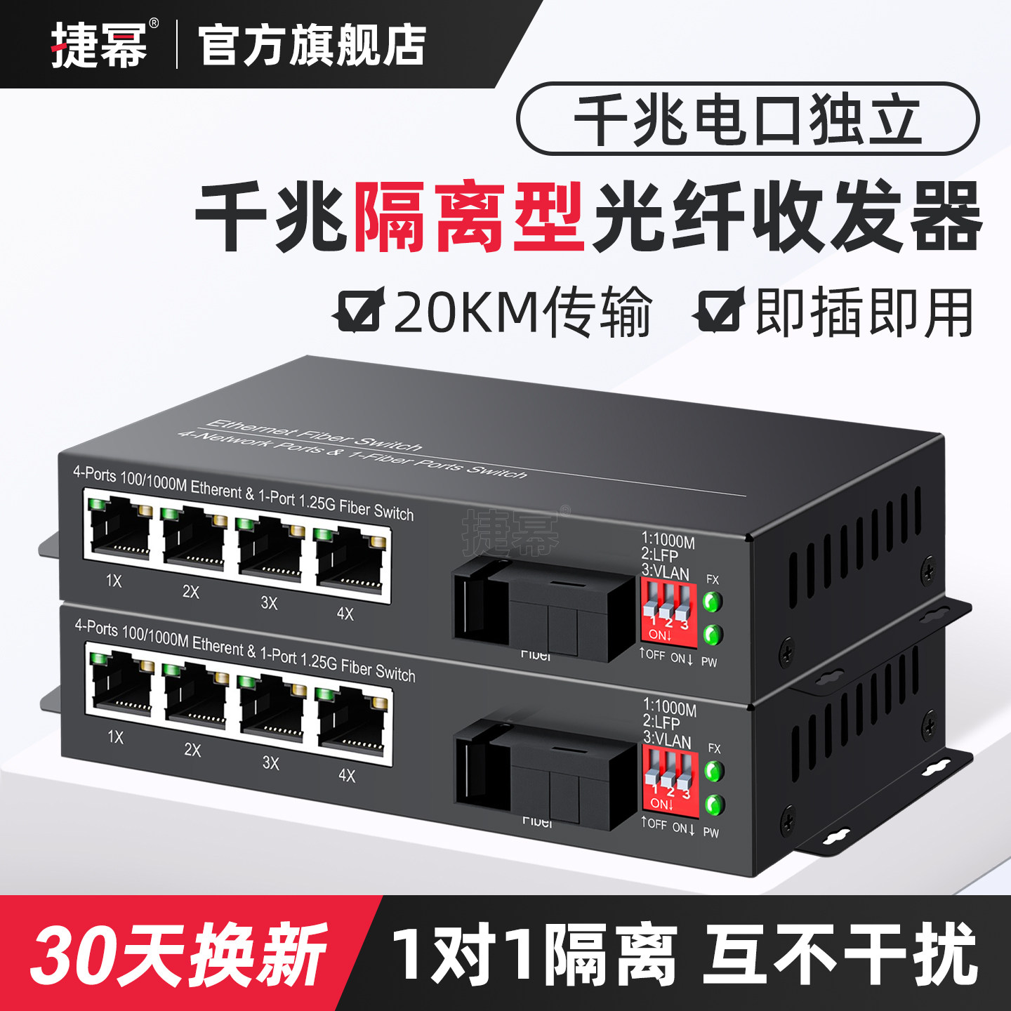 捷幂 物理隔离型光纤收发器千兆百兆1光2电4电8电2路4路交换机独立网络光电转换器传输器一光二电四电八电