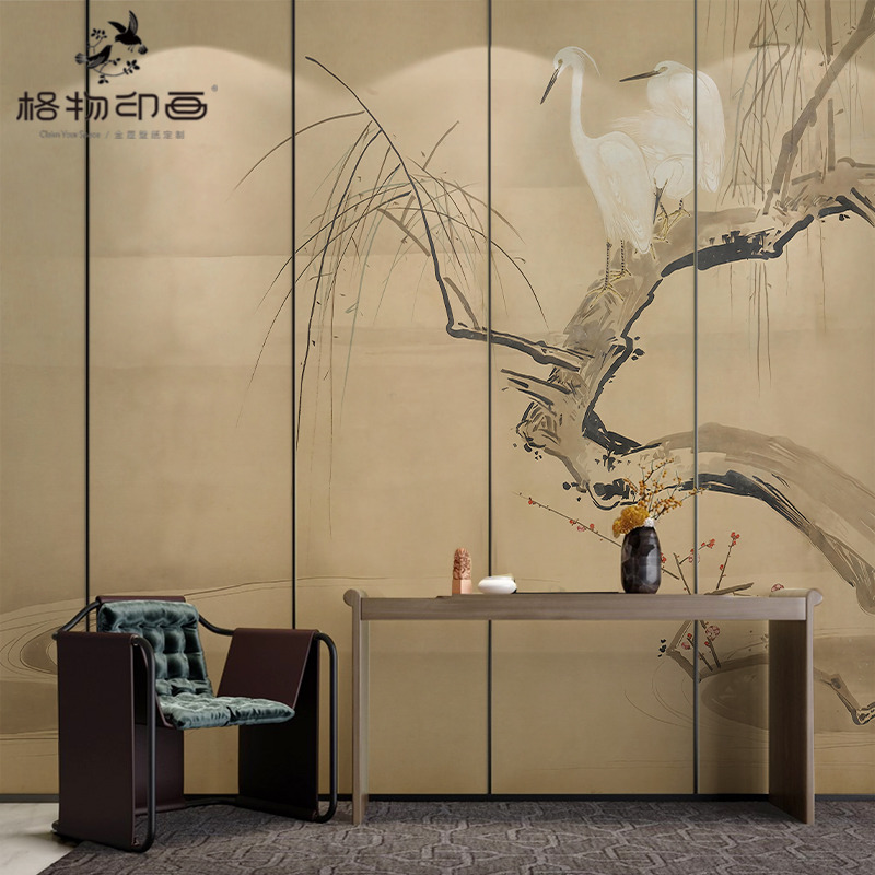 现代中式意境古典水墨柳下u白鹭沙发背景墙纸壁布卧室环保定制壁