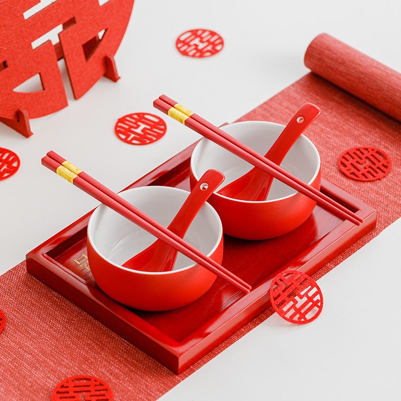 结婚红色敬茶杯改口喜字对碗筷套装新婚陪嫁娘家喜碗婚礼用品