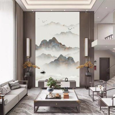 8D复式楼走廊国画电视背景墙壁纸水墨山水别墅大型5D壁画玄关墙布