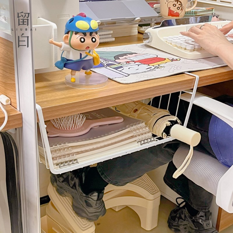 桌下置物架办公室收纳神器铁w艺下挂篮免打孔宿舍桌面分层隔板挂