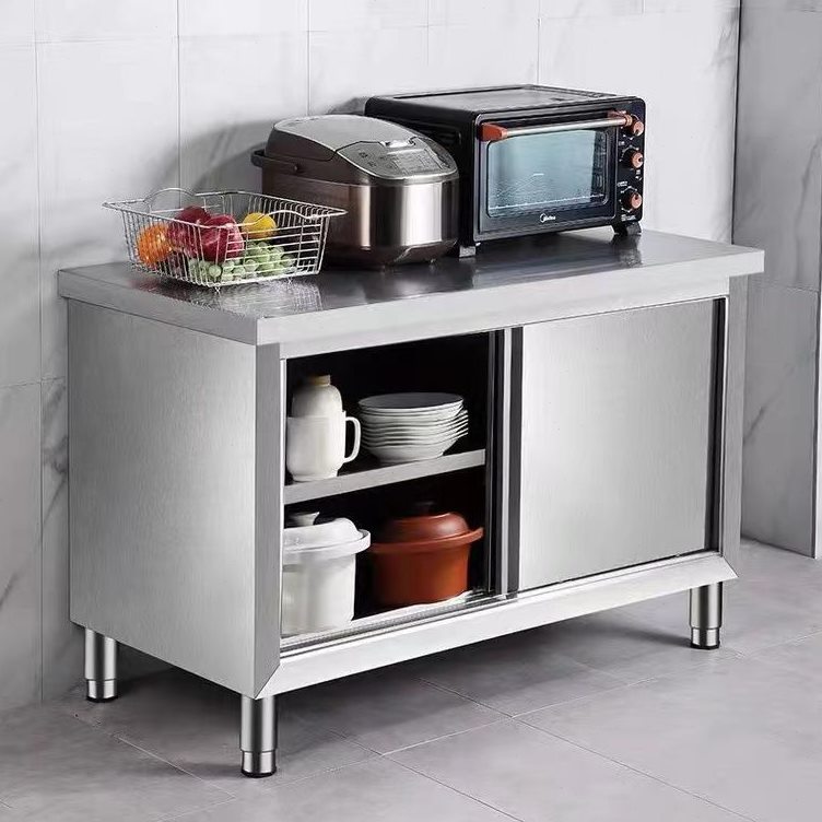 加厚不锈钢推拉门台商用厨房操作台家用橱柜切菜桌打荷台立架