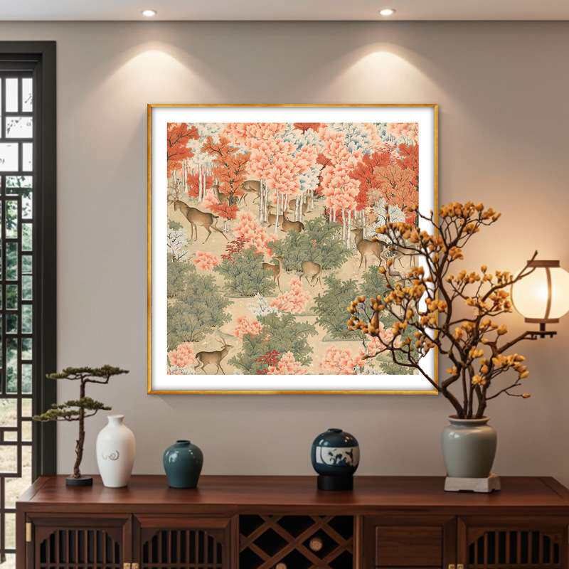 丹枫呦鹿图》新中式国风玄关装饰画法式客厅餐厅挂画卧室床头壁画