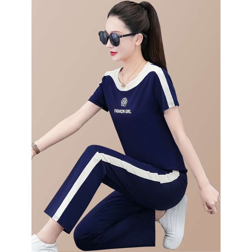 休闲运动服套装女夏季时尚流行圆领薄款冰丝短袖夏速干跑步两件套