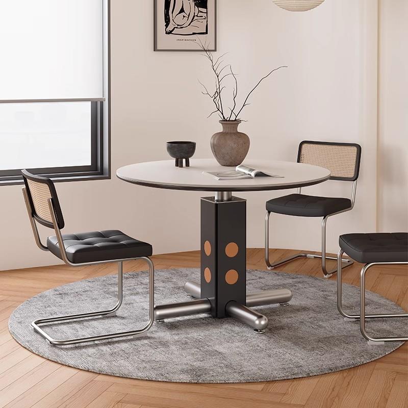 中古风实木岩板餐桌圆形家用客厅小户型现代简约不锈钢岩板圆桌椅