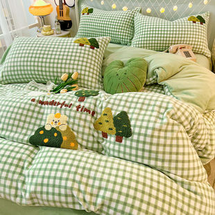 可爱毛巾绣牛奶绒床上四件套冬季加绒床品珊瑚绒面被套床单三件套