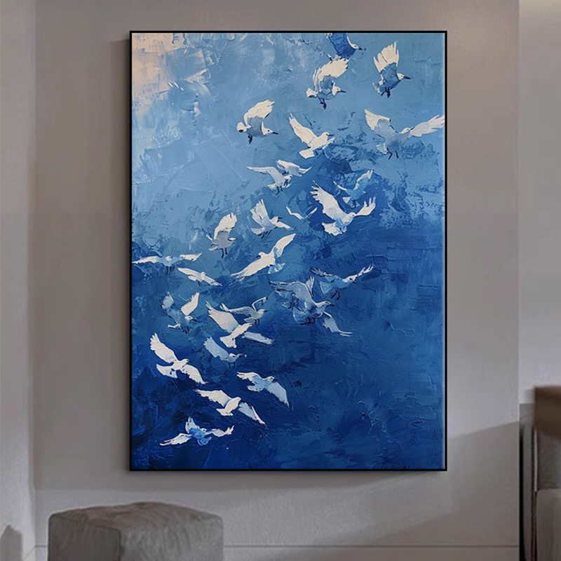 和平白鸽客厅沙发背景墙装饰画新中式蓝色天空风景玄关正对门挂画