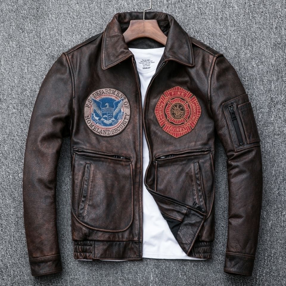 阿美咔叽机车真皮皮衣复古水洗做旧头层牛皮夹克男士飞行员服