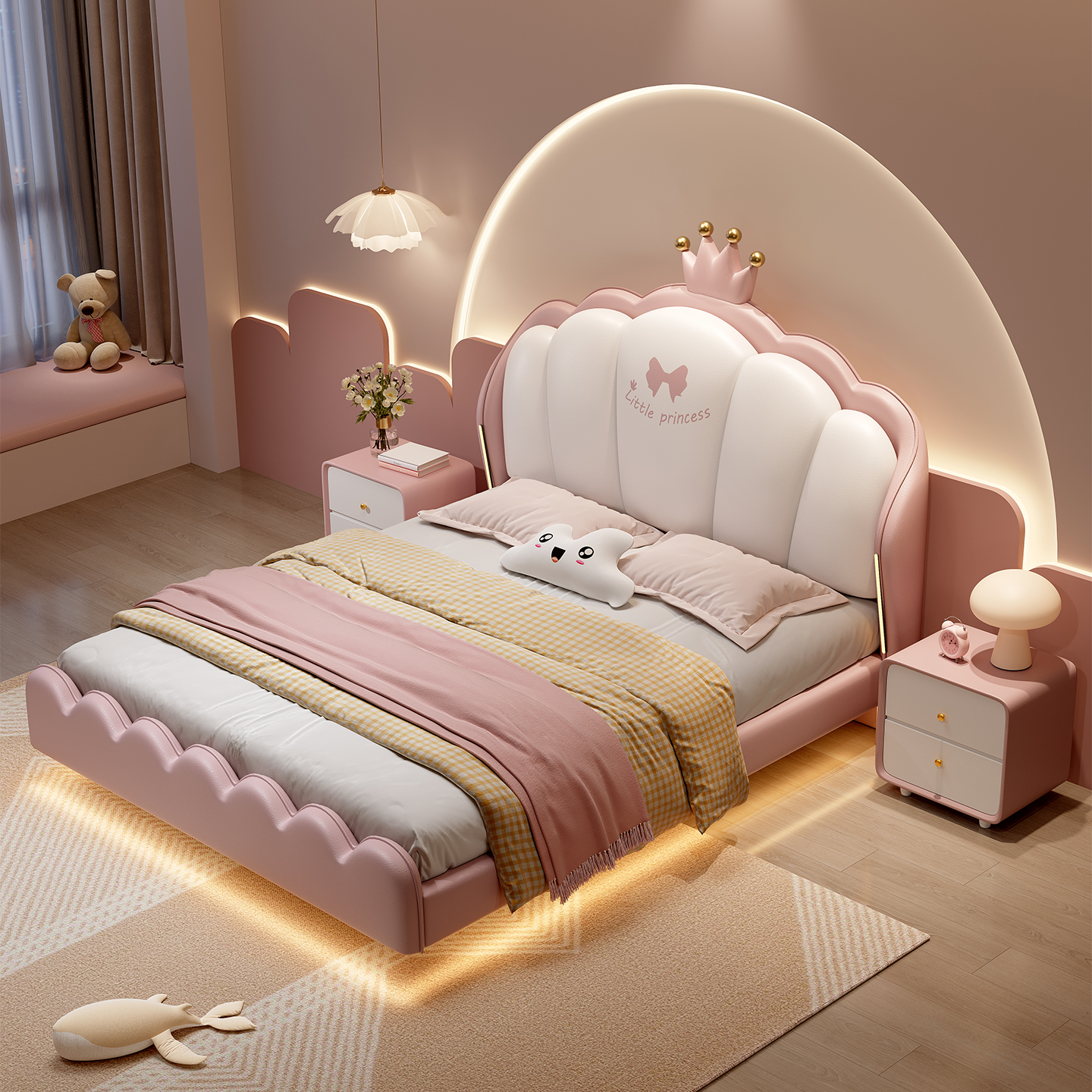 喜临门儿童公主房悬浮床组 1米5童趣风女孩床 软包皮革公主单人床