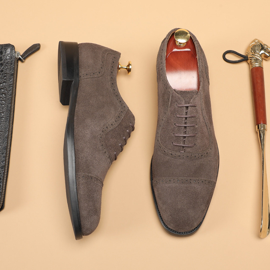 2026春新款布洛克雕花皮鞋男式磨砂牛皮手工三接头英伦商务德比鞋