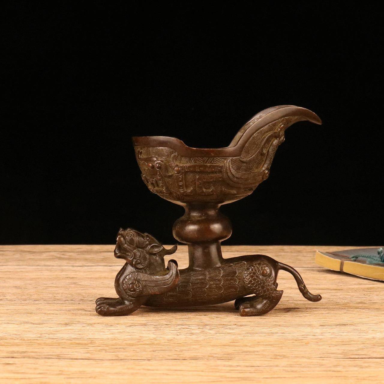 古玩爵杯复古青铜龙爵酒杯仿古酒樽尊帝王杯客厅酒柜装饰道具摆件