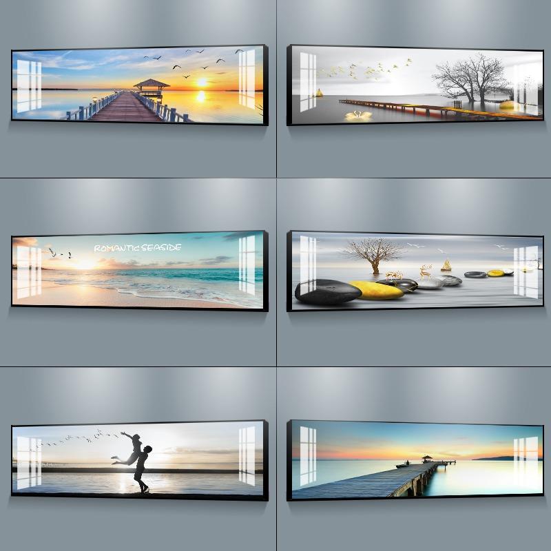 现代简约卧室风景床头挂画主卧温馨床头挂画横版壁画晶瓷玄关壁画