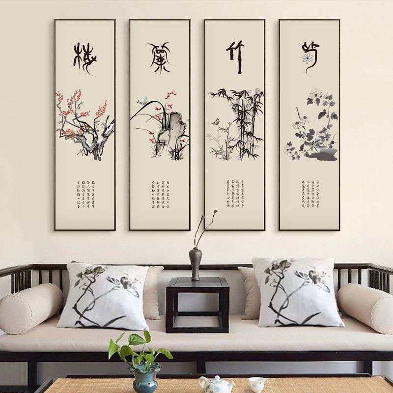 大芬油画村挂画客厅中式梅兰竹菊装饰画四联水墨荷花国画书房茶室