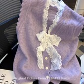 春秋季 新款 外搭叠穿毛 女款 Poragomla小香风蕾丝蝴蝶结马甲针织衫