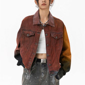 Poragomla美式 宽松vintage 高街设计感小众独特扎染牛仔外套女秋季