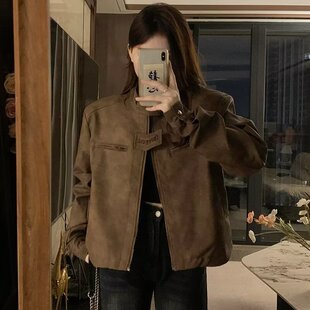 Poragomla美式高街复古棕色机车麂皮衣夹克女秋季短款美拉德立领