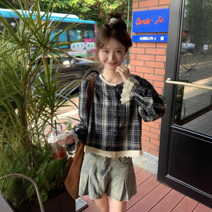 Poragomla韩系蕾丝花边格子长袖衬衫女春秋设计感小个子宽松短款