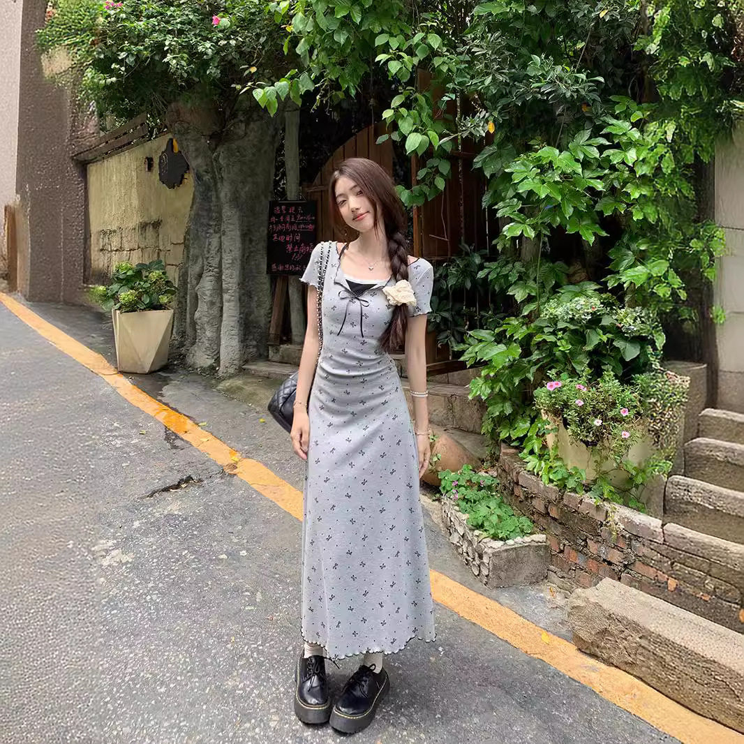 Poragomla假两件蝴蝶结印花短袖连衣裙女夏季气质蕾丝花边收腰显