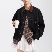 Poragomla美式 复古灯芯绒拼接丹宁牛仔外套男女秋冬设计感宽松百