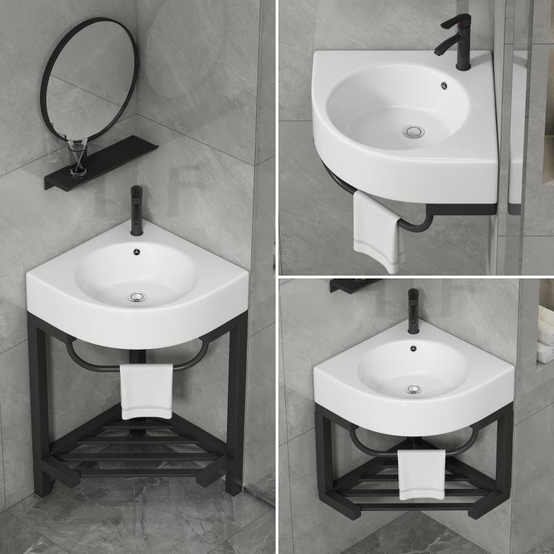 三角型洗手盆卫生间陶瓷洗脸盆转角小户型阳台加厚不锈钢支架家用