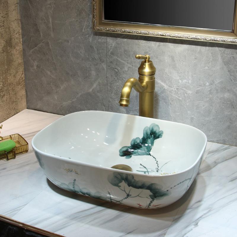 陶瓷手绘荷花洗手盆小号家用卫生间台上盆复古中式洗脸盆阳台水池