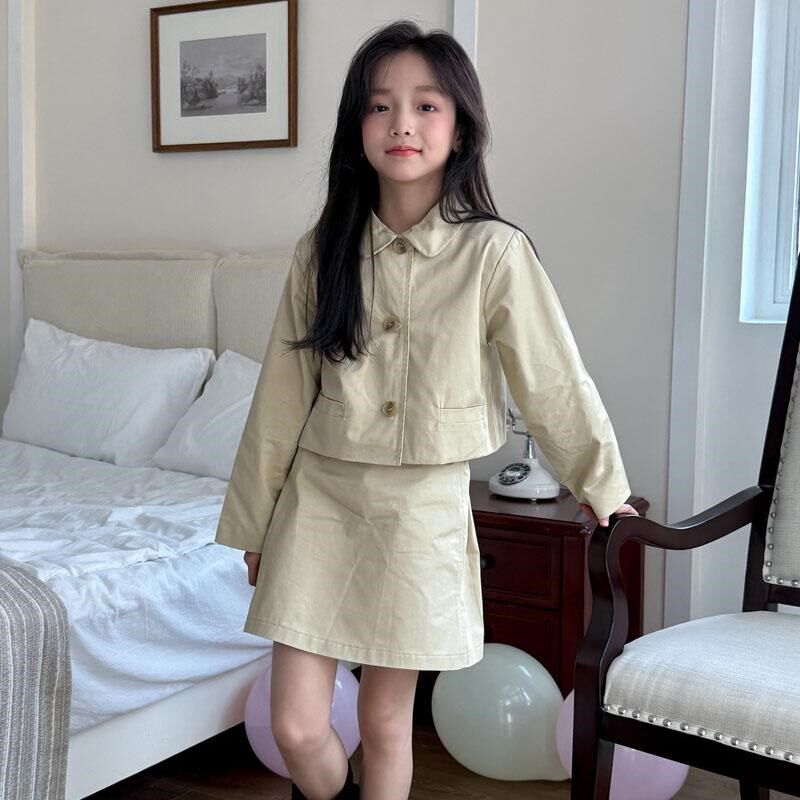 女童春季套装短款风衣外套设计感百褶半裙学院风两件套上衣半身裙图片